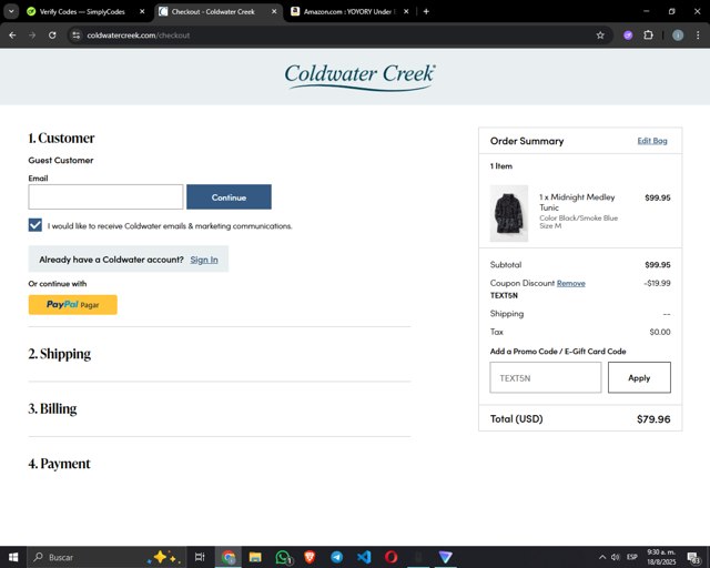 Coldwater Creek checkout page showing Coldwater Creek promo code box | Screenshot taken by SimplyCodes community member on Aug 18, 2025