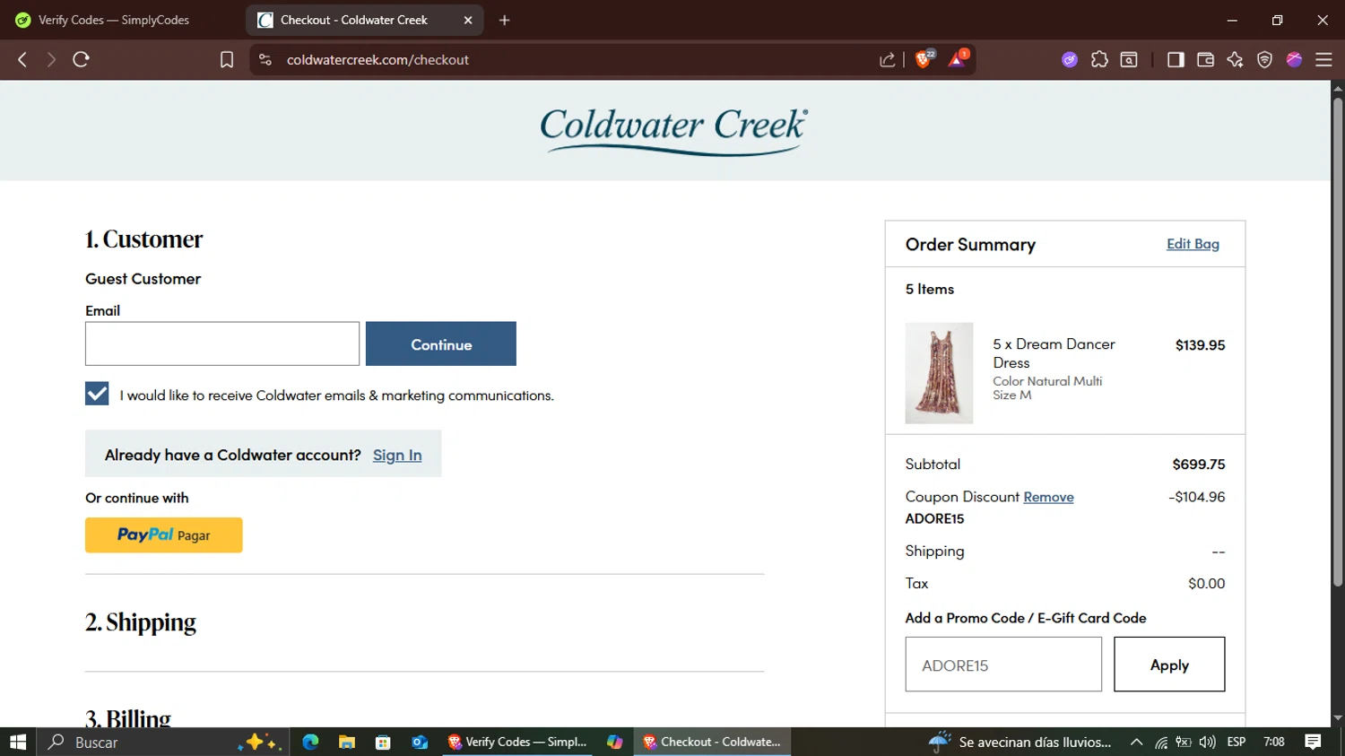 Coldwater Creek promo code screenshot showing code ADORE15 applied at Coldwater Creek checkout page. Uploaded by SimplyCodes community member Suguru_Geto on Aug 15, 2025