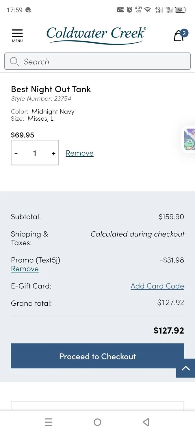 Coldwater Creek promo code screenshot showing code Text5j applied at Coldwater Creek checkout page. Uploaded by SimplyCodes community member dayselis15 on Aug 25, 2025