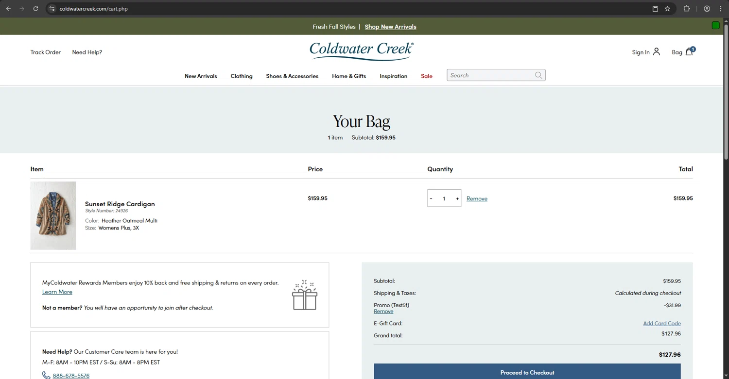 Coldwater Creek promo code screenshot showing code Text5f applied at Coldwater Creek checkout page. Uploaded by SimplyCodes community member Diegooooo on Aug 26, 2025