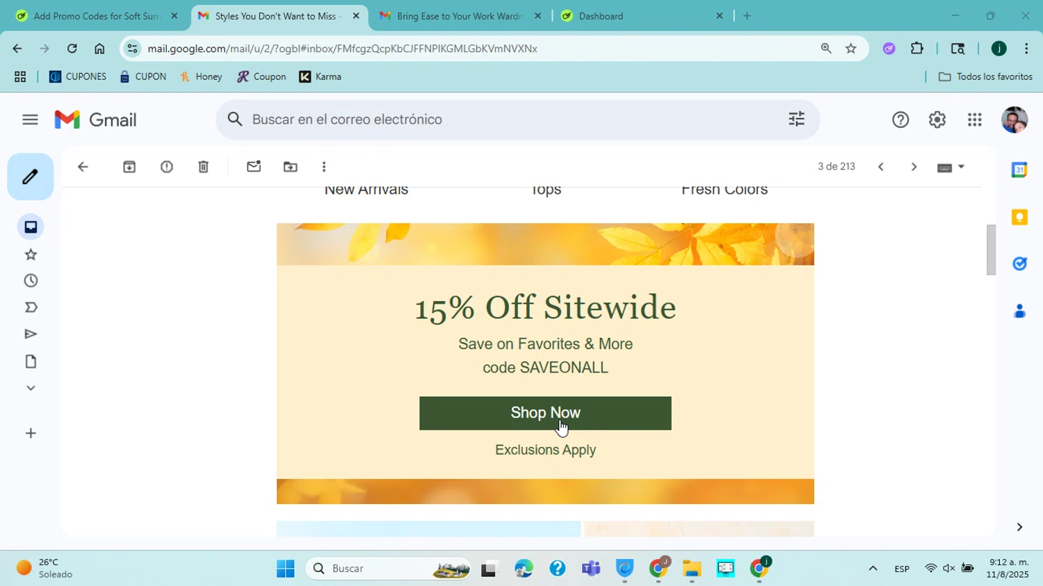 Coldwater Creek promo code screenshot showing code SAVEONALL applied at Coldwater Creek checkout page. Uploaded by SimplyCodes community member ABHF23 on Aug 11, 2025
