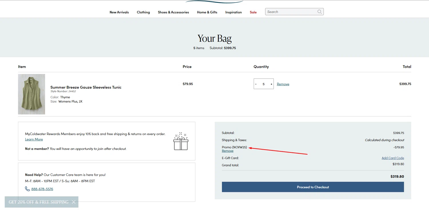 Coldwater Creek promo code screenshot showing code NOVW25 applied at Coldwater Creek checkout page. Uploaded by SimplyCodes community member diegorodrguez on Jun 14, 2025
