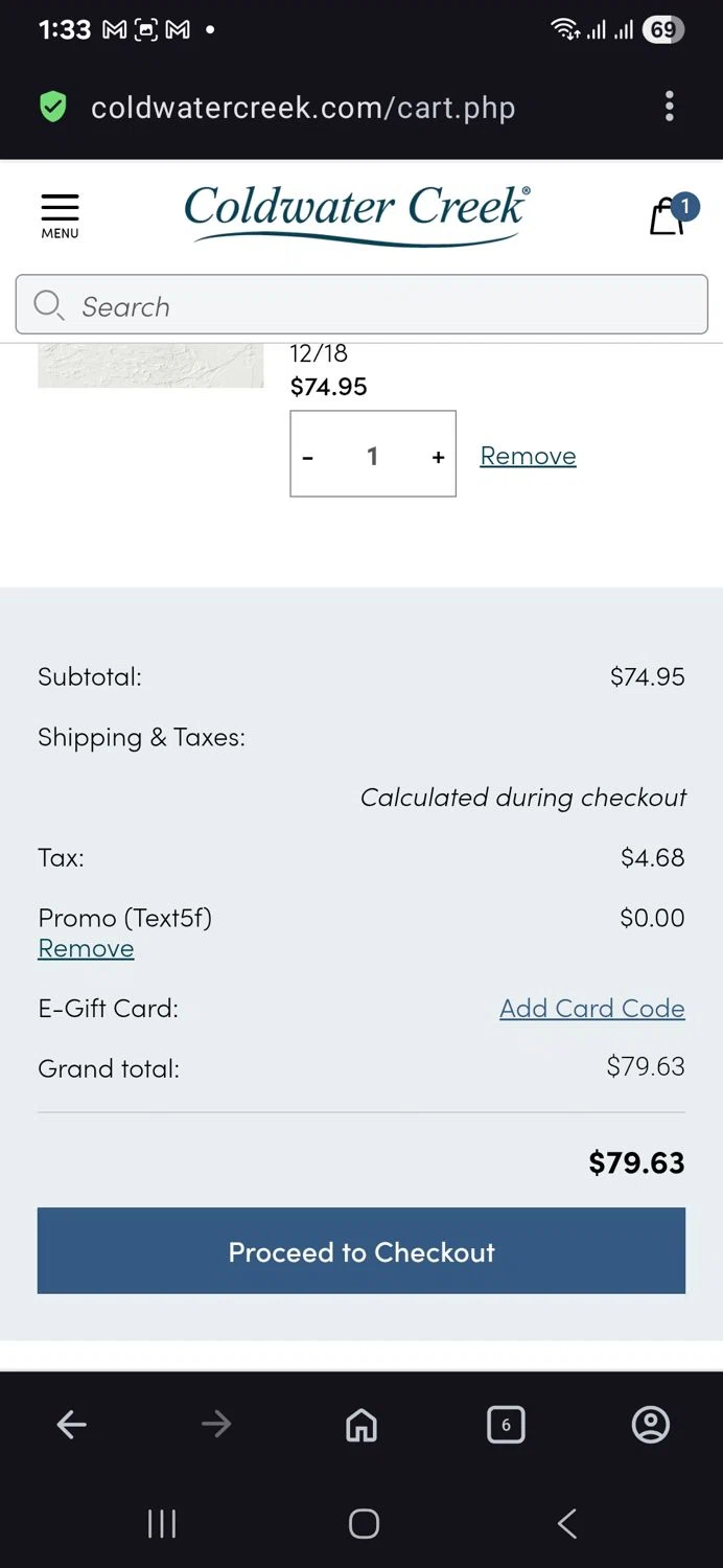 Coldwater Creek promo code screenshot showing code Text5f applied at Coldwater Creek checkout page. Uploaded by SimplyCodes community member vida5254427716958 on Aug 26, 2025