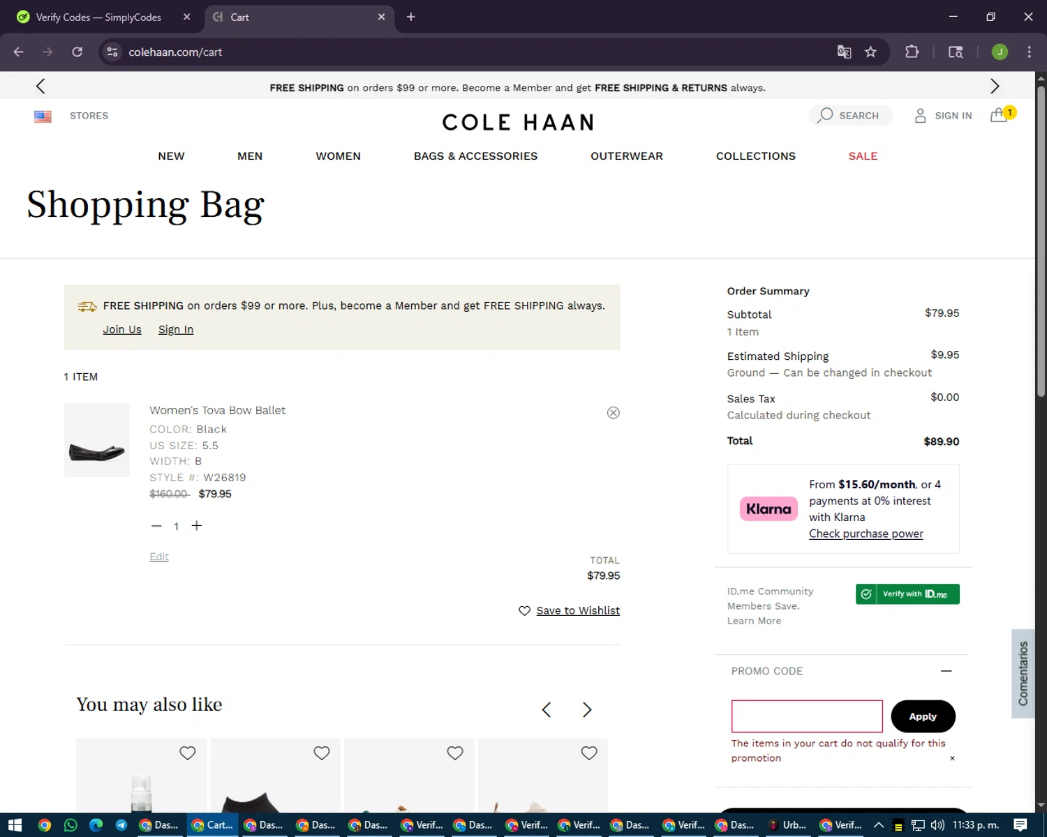 Cole Haan promo code screenshot showing code SALE25 applied at Cole Haan checkout page. Uploaded by SimplyCodes community member LilBaby on Aug 16, 2025