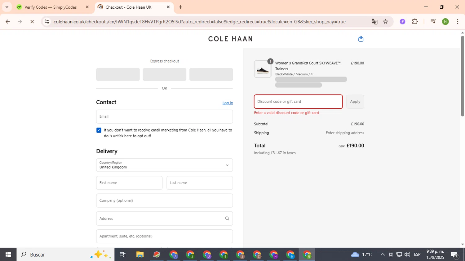 Cole Haan promo code screenshot showing code SALE25 applied at Cole Haan checkout page. Uploaded by SimplyCodes community member TokenMaverick6956 on Aug 16, 2025