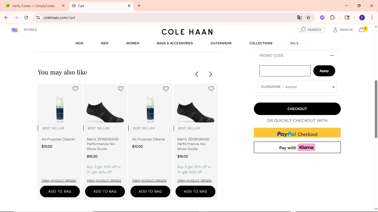Cole Haan promo code screenshot showing code SUNSHINE applied at Cole Haan checkout page. Uploaded by SimplyCodes community member MightyCaptain635 on Jul 18, 2025