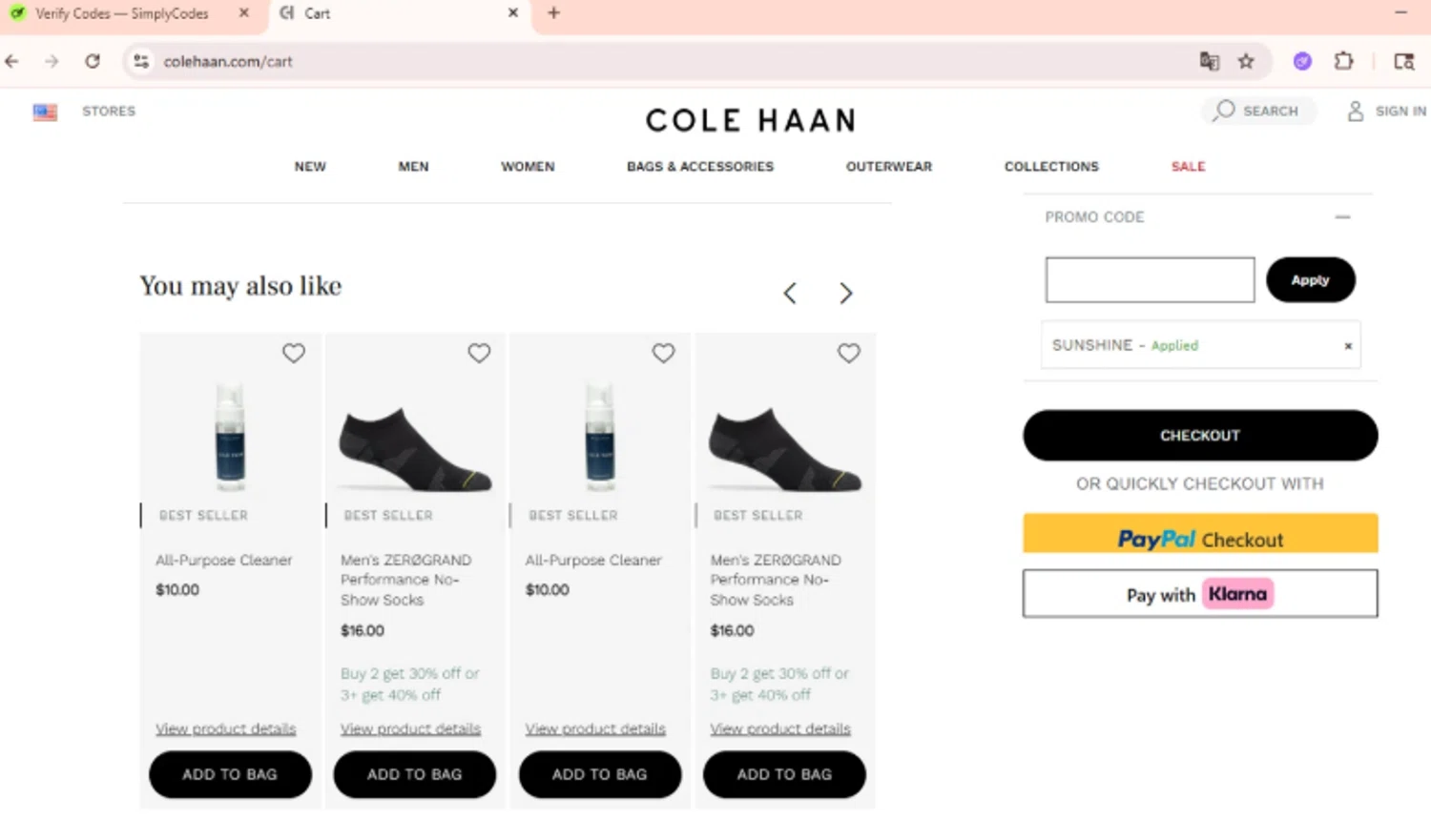Cole Haan promo code screenshot showing code SUNSHINE applied at Cole Haan checkout page. Uploaded by SimplyCodes community member lyffytaro on Aug 2, 2025