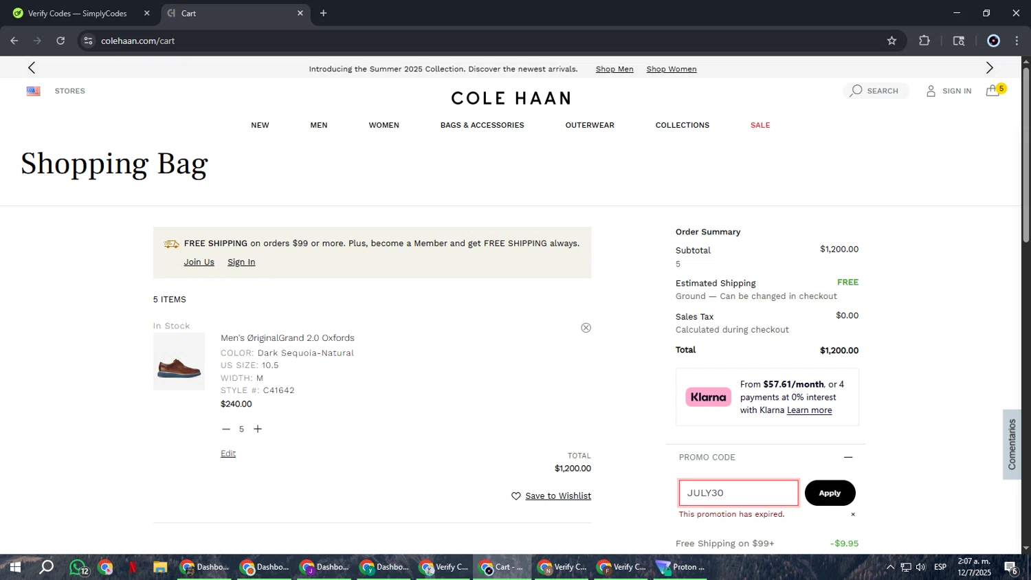Cole Haan promo code screenshot showing code JULY30 applied at Cole Haan checkout page. Uploaded by SimplyCodes community member RoyalBoss4384 on Jul 12, 2025