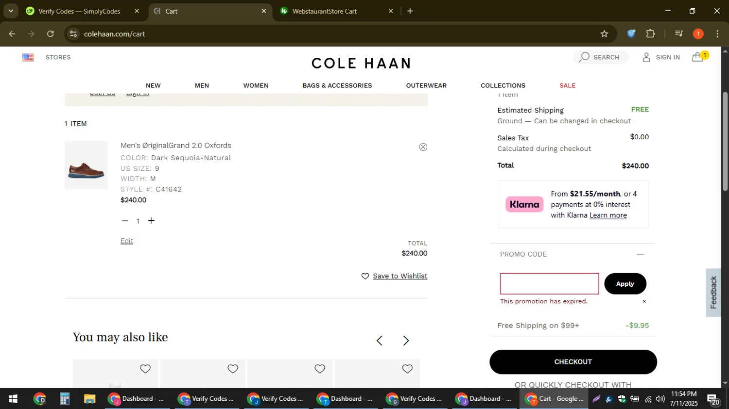 Cole Haan promo code screenshot showing code JULY30 applied at Cole Haan checkout page. Uploaded by SimplyCodes community member ShrewdAce8338 on Jul 12, 2025