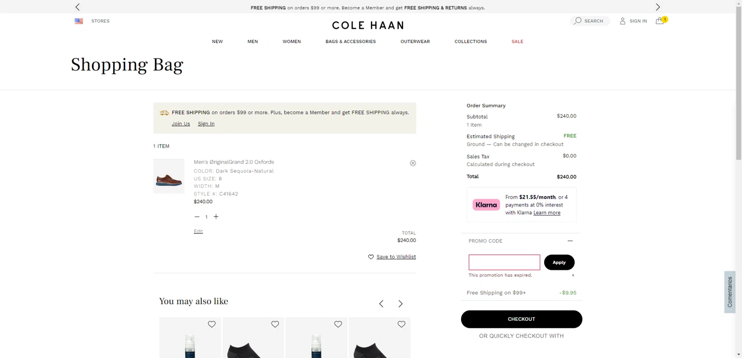 Cole Haan promo code screenshot showing code JULY30 applied at Cole Haan checkout page. Uploaded by SimplyCodes community member SilverChaser3269 on Jul 12, 2025