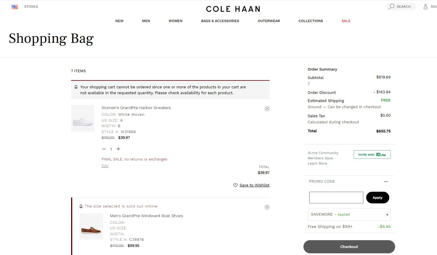 Cole Haan promo code screenshot showing code SAVEMORE applied at Cole Haan checkout page. Uploaded by SimplyCodes community member valeriaantonieta on Aug 28, 2025