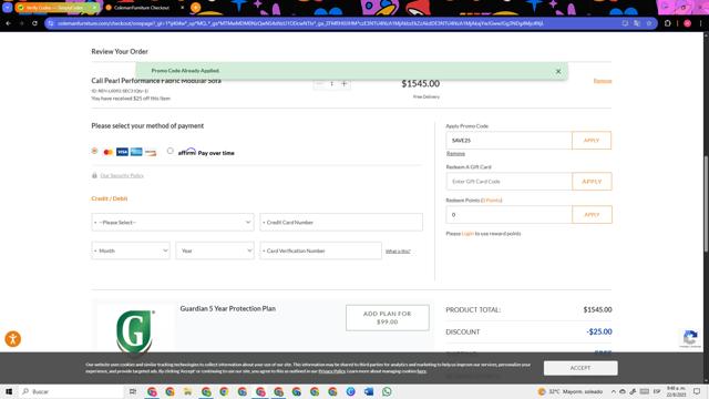 Coleman Furniture checkout page showing Coleman Furniture promo code box | Screenshot taken by SimplyCodes community member on Aug 22, 2025