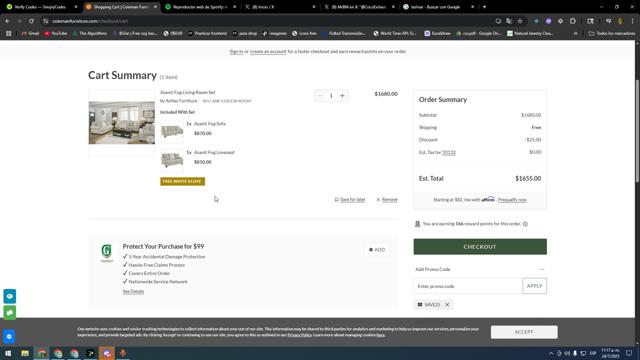 Coleman Furniture checkout page showing Coleman Furniture promo code box | Screenshot taken by SimplyCodes community member on Jul 24, 2025