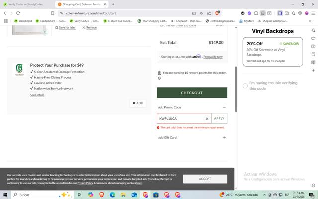 Coleman Furniture checkout page showing Coleman Furniture promo code box | Screenshot taken by SimplyCodes community member on Jul 23, 2025