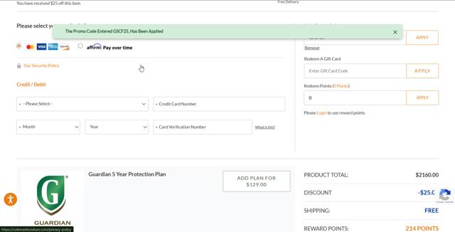 Coleman Furniture checkout page showing Coleman Furniture promo code box | Screenshot taken by SimplyCodes community member on Jul 18, 2025