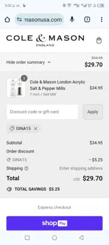 Gina15 coupon verification screenshot