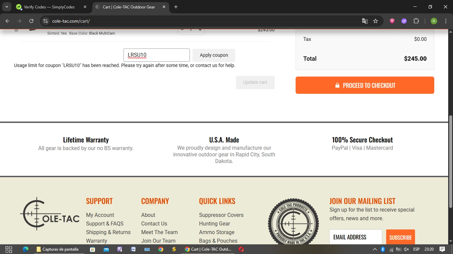 Cole-TAC promo code screenshot showing code LRSU10 applied at Cole-TAC checkout page. Uploaded by SimplyCodes community member Kulomii on Jul 12, 2025