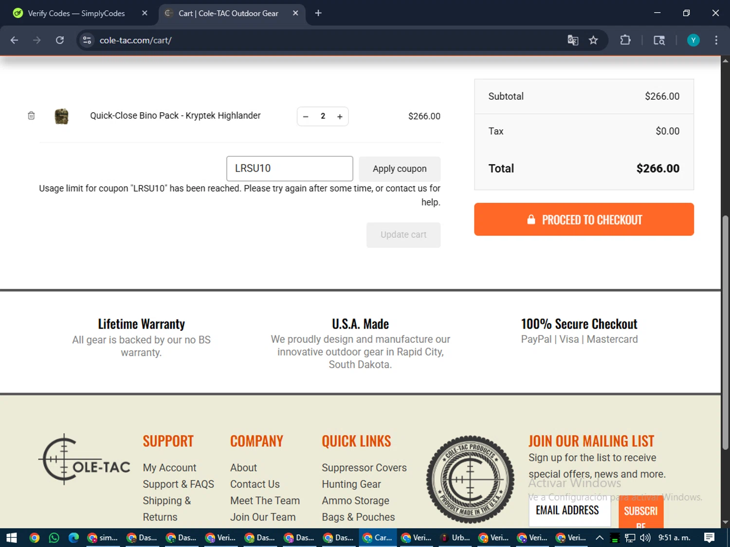 Cole-TAC promo code screenshot showing code LRSU10 applied at Cole-TAC checkout page. Uploaded by SimplyCodes community member RoyalEagle4794 on Jul 12, 2025