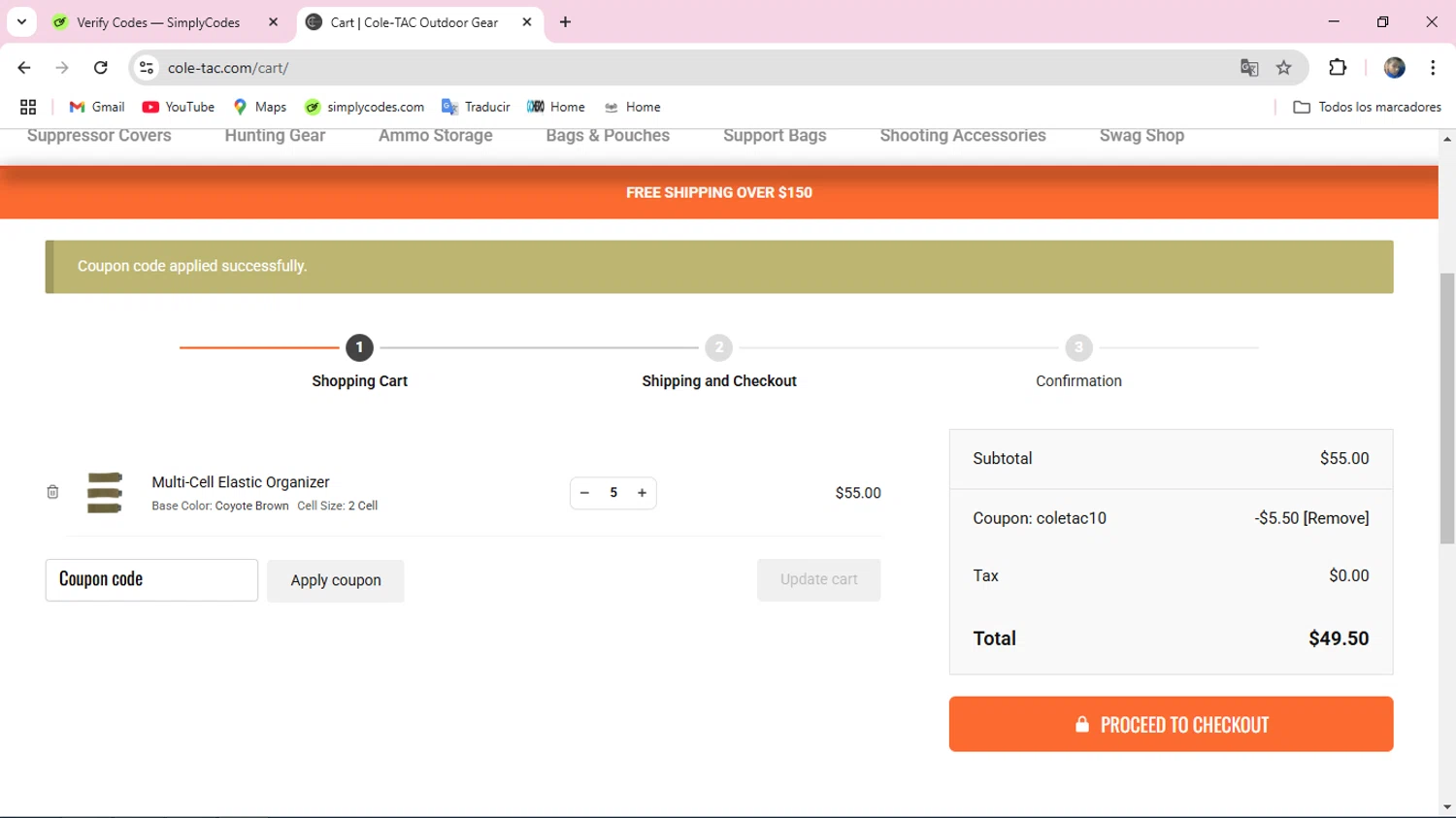 Cole-TAC promo code screenshot showing code COLETAC10 applied at Cole-TAC checkout page. Uploaded by SimplyCodes community member ELROJO on May 14, 2025