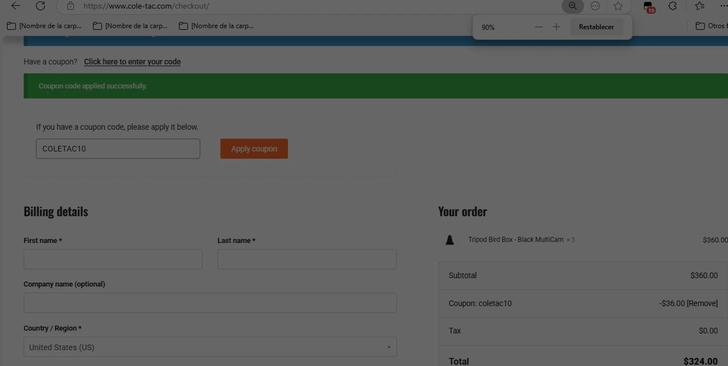Cole-TAC promo code screenshot showing code COLETAC10 applied at Cole-TAC checkout page. Uploaded by SimplyCodes community member NobleLion9913 on Apr 23, 2025
