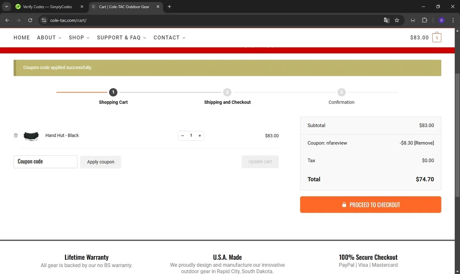 Cole-TAC promo code screenshot showing code NFAREVIEW applied at Cole-TAC checkout page. Uploaded by SimplyCodes community member Obito6245825041527 on Dec 27, 2024