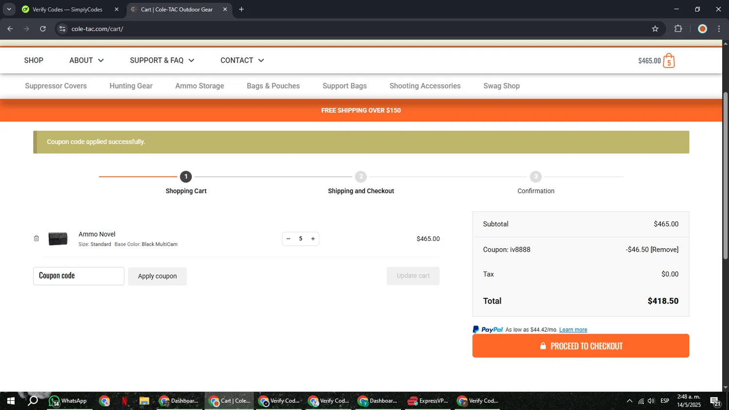 Cole-TAC promo code screenshot showing code IV8888 applied at Cole-TAC checkout page. Uploaded by SimplyCodes community member BonusCaptain9927 on May 14, 2025
