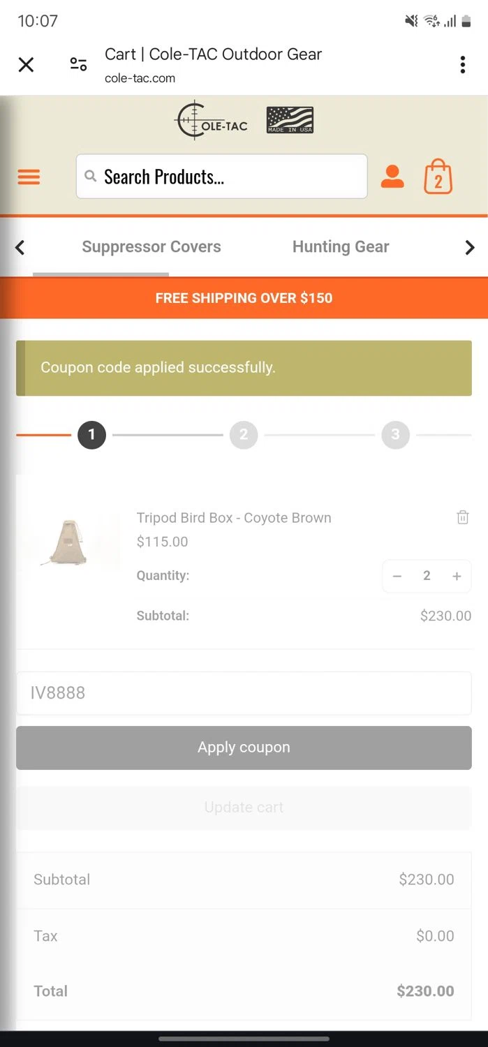 Cole-TAC promo code screenshot showing code IV8888 applied at Cole-TAC checkout page. Uploaded by SimplyCodes community member CleverPhoenix2364 on Apr 23, 2025