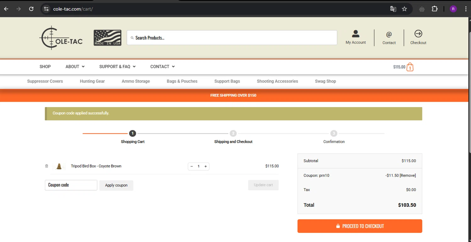 Cole-TAC promo code screenshot showing code PRN10 applied at Cole-TAC checkout page. Uploaded by SimplyCodes community member ThriftySage9319 on May 7, 2025