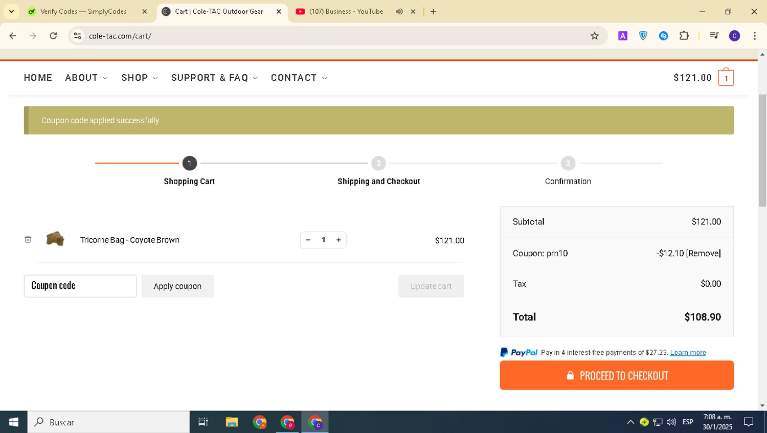 Cole-TAC promo code screenshot showing code PRN10 applied at Cole-TAC checkout page. Uploaded by SimplyCodes community member alexanderarnold on Jan 30, 2025