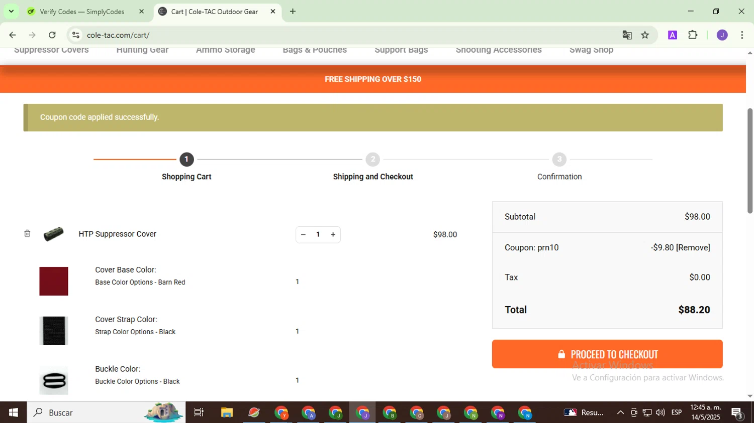 Cole-TAC promo code screenshot showing code PRN10 applied at Cole-TAC checkout page. Uploaded by SimplyCodes community member PromoHunter9043 on May 14, 2025