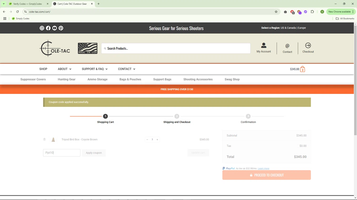 Cole-TAC promo code screenshot showing code Ppt10 applied at Cole-TAC checkout page. Uploaded by SimplyCodes community member TreasureGuardian9215 on Apr 23, 2025