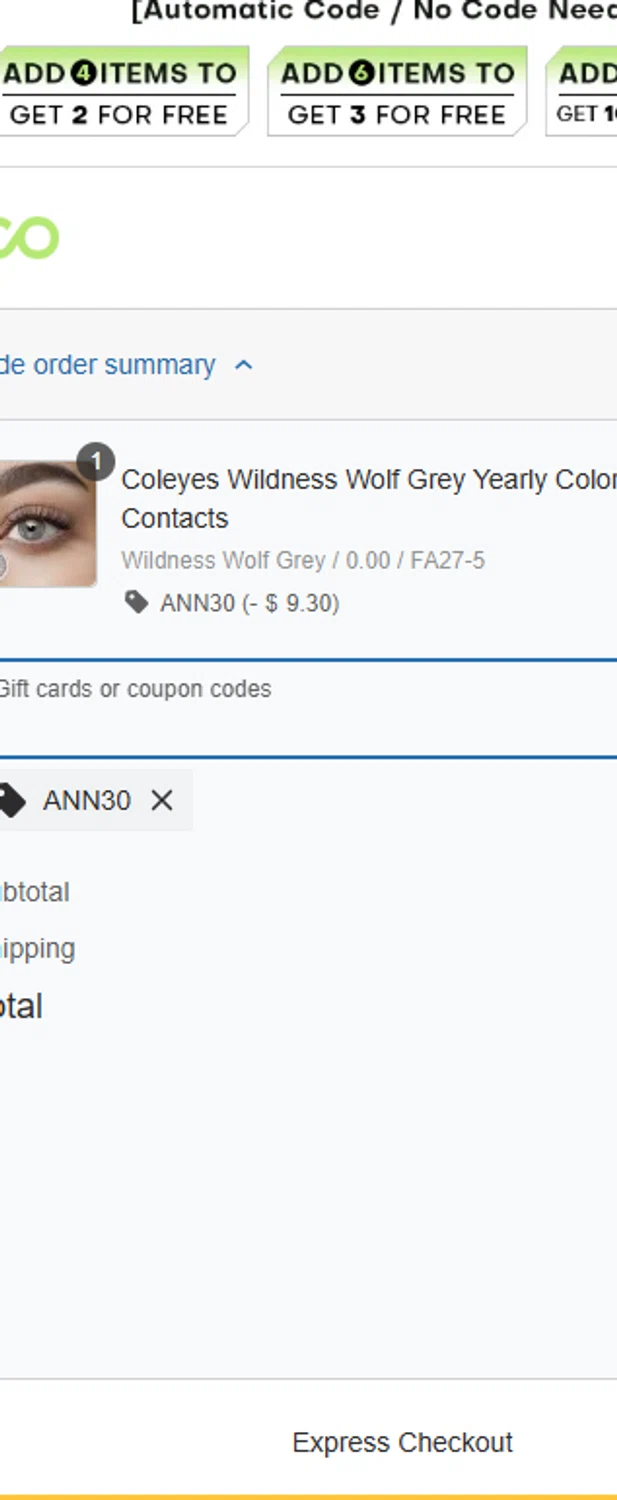 Coleyes discount code screenshot showing code ANN30 applied at Coleyes checkout page. Uploaded by SimplyCodes community member Carlitoxxxxxxxxxxxxxxxxxxxxxxx on Apr 11, 2025