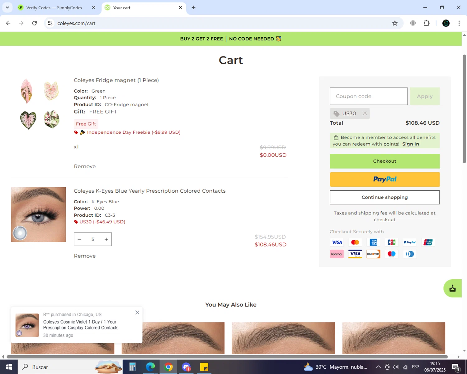 Coleyes discount code screenshot showing code US30 applied at Coleyes checkout page. Uploaded by SimplyCodes community member GoldSaver5472 on Jul 6, 2025