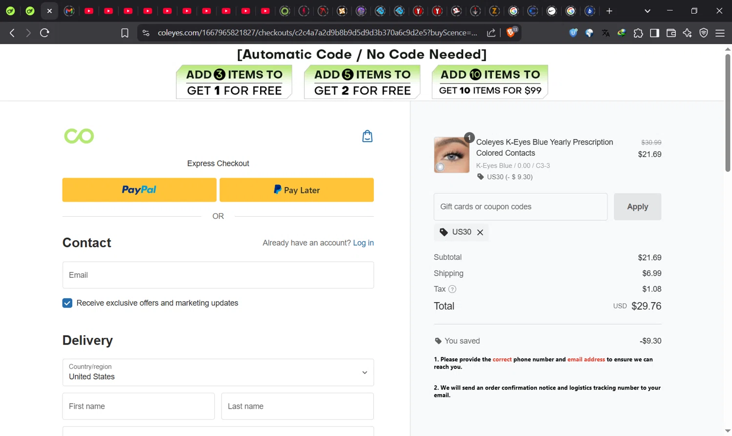 Coleyes discount code screenshot showing code US30 applied at Coleyes checkout page. Uploaded by SimplyCodes community member Norman_KSD on Jun 3, 2025