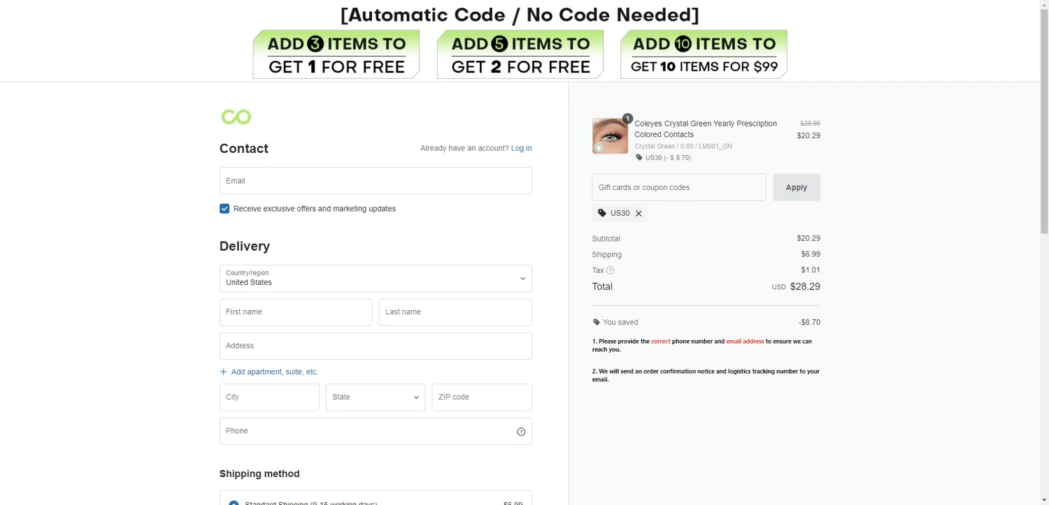 Coleyes discount code screenshot showing code US30 applied at Coleyes checkout page. Uploaded by SimplyCodes community member RewardTitan728 on Jun 3, 2025