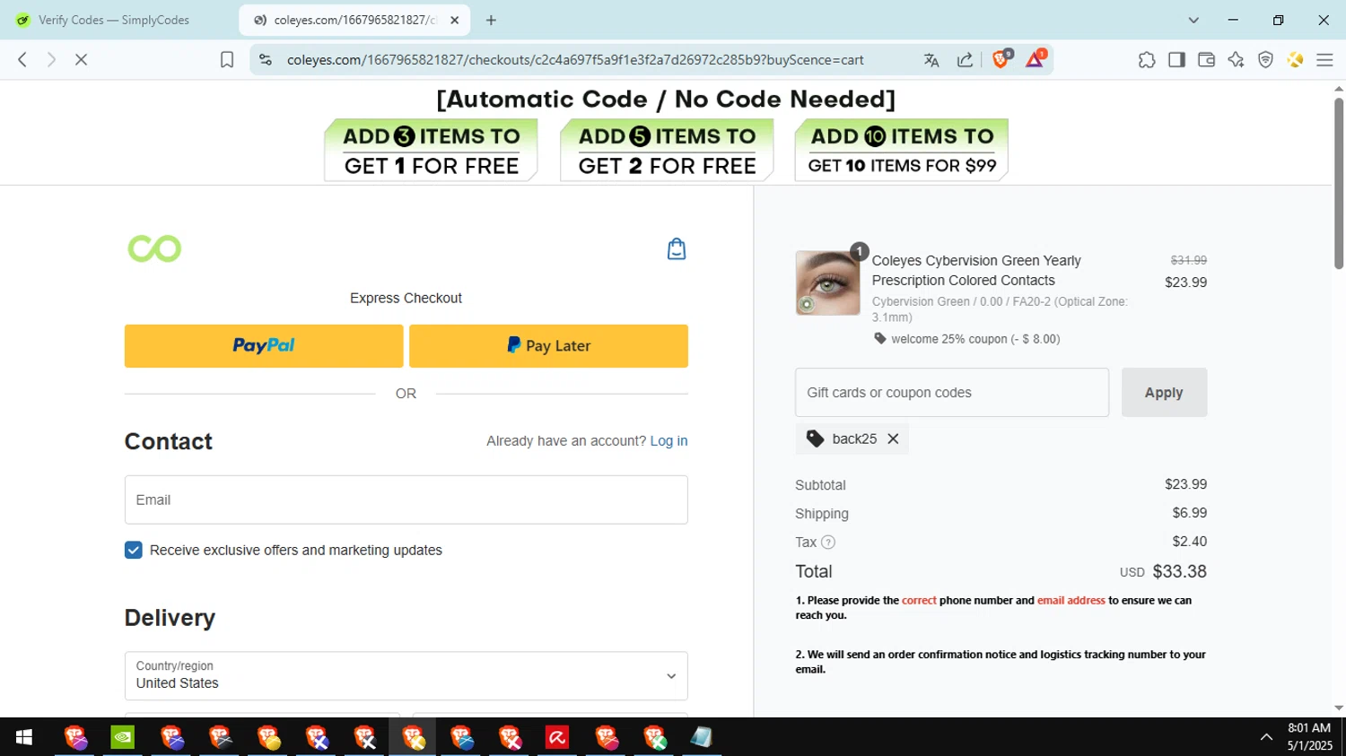 Coleyes discount code screenshot showing code back25 applied at Coleyes checkout page. Uploaded by SimplyCodes community member Ranita_de_agua on May 1, 2025