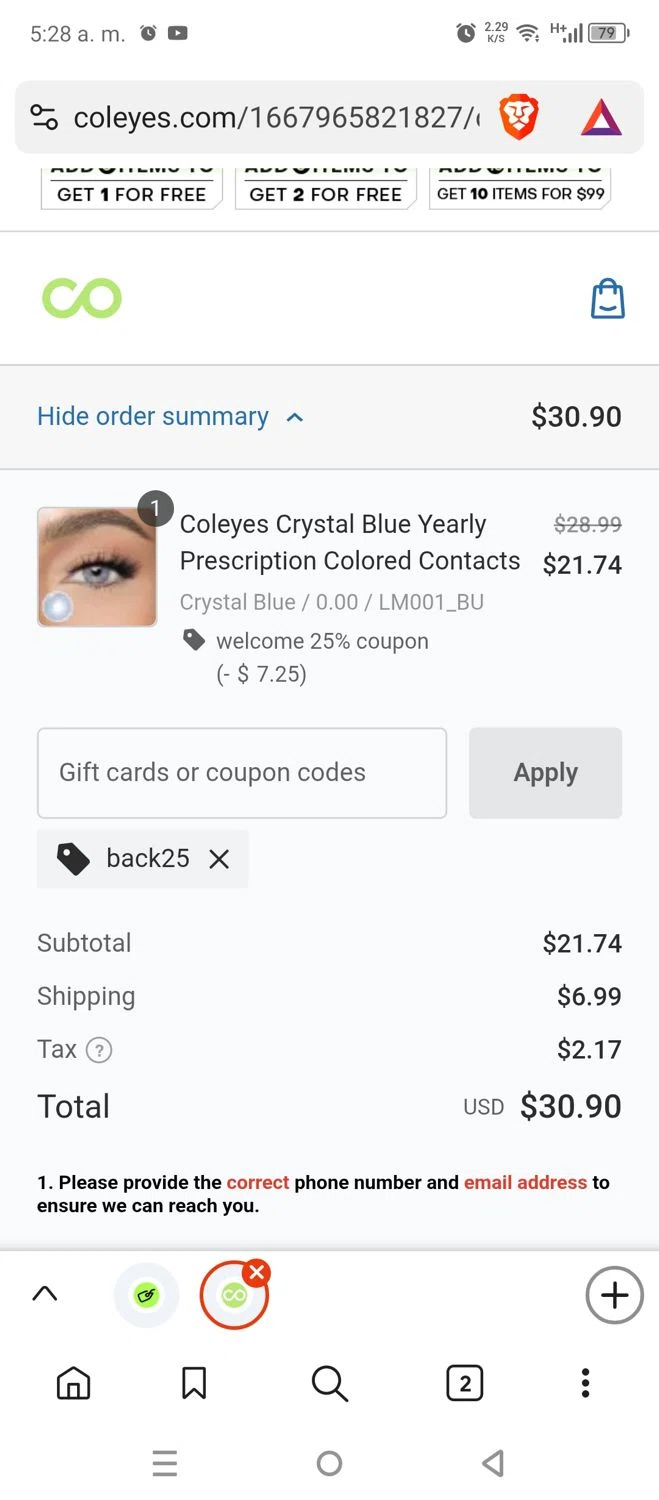 Coleyes discount code screenshot showing code back25 applied at Coleyes checkout page. Uploaded by SimplyCodes community member DiscountCollector1489 on May 9, 2025