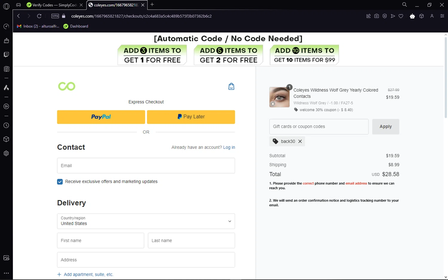 Coleyes discount code screenshot showing code Back30 applied at Coleyes checkout page. Uploaded by SimplyCodes community member CleverSage7079 on Jan 21, 2025