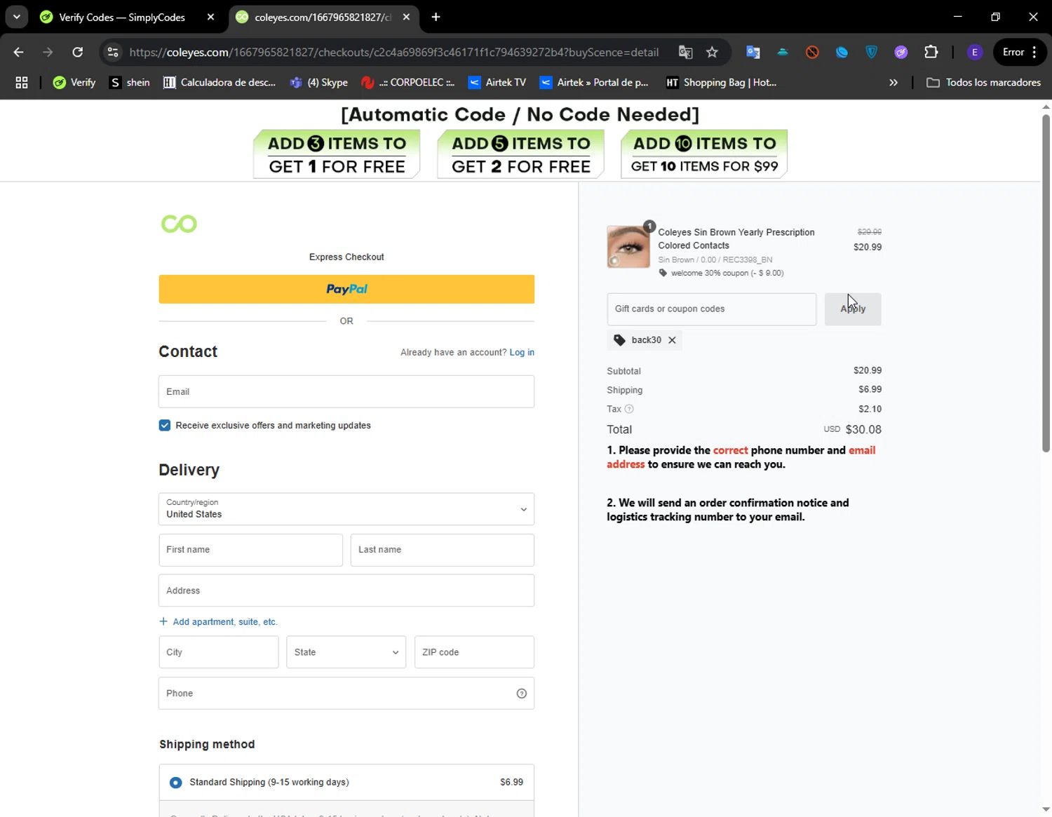 Coleyes discount code screenshot showing code Back30 applied at Coleyes checkout page. Uploaded by SimplyCodes community member LuckyFinder274 on May 9, 2025