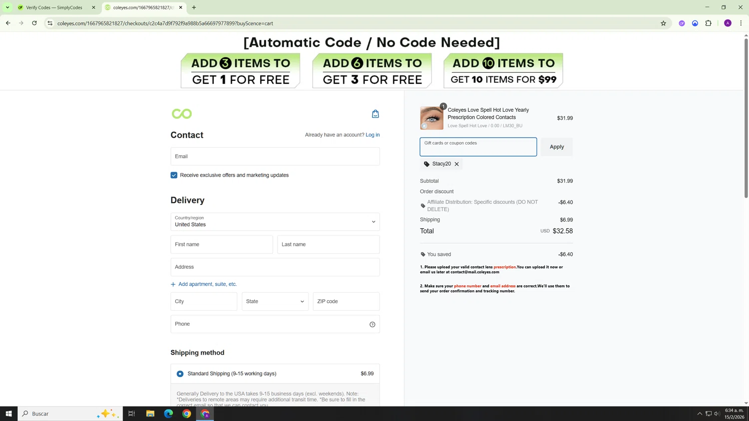 Coleyes checkout page showing Coleyes discount code box | Screenshot taken by SimplyCodes community member on Feb 15, 2026
