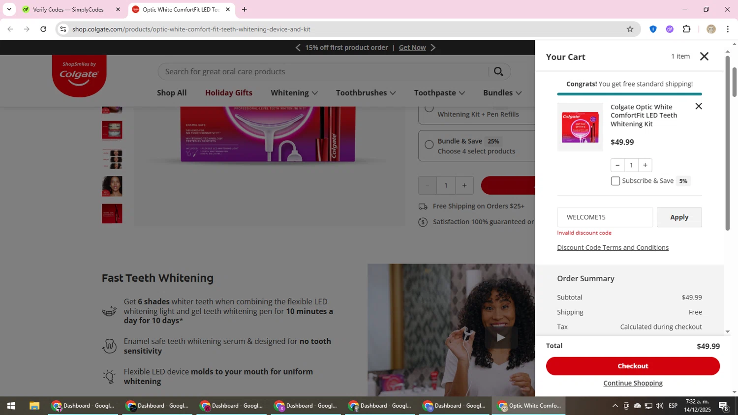 Colgate discount code screenshot showing code WELCOME15 applied at Colgate checkout page. Uploaded by SimplyCodes community member NobleScholar4826 on Dec 14, 2025