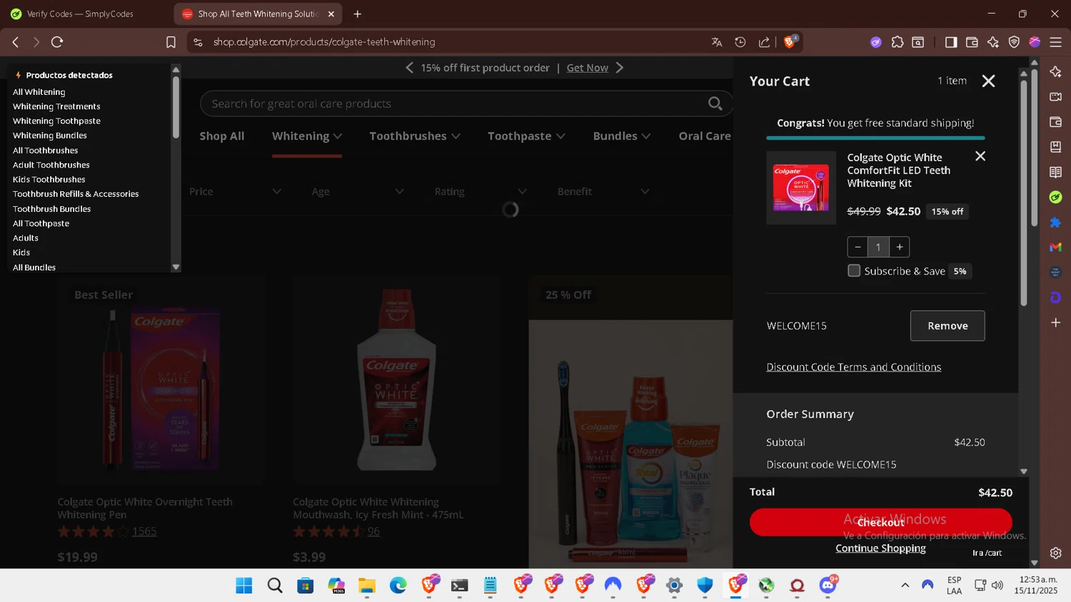 Colgate discount code screenshot showing code WELCOME15 applied at Colgate checkout page. Uploaded by SimplyCodes community member ELHIJOEMILA on Nov 15, 2025