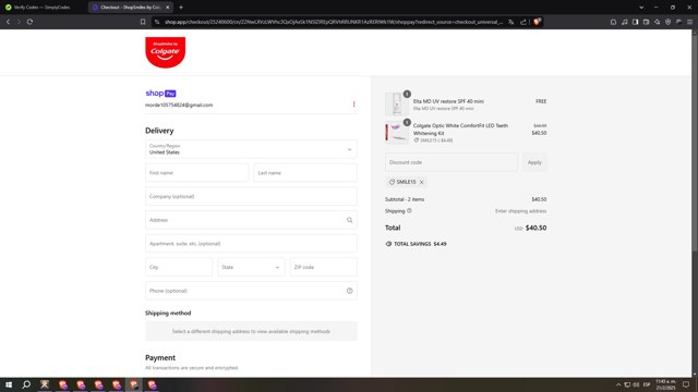 Colgate checkout page showing Colgate discount code box | Screenshot taken by SimplyCodes community member on Feb 21, 2025