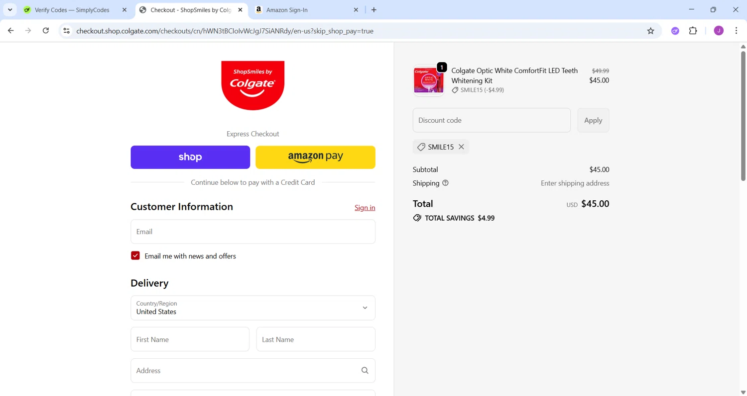 Colgate discount code screenshot showing code SMILE15 applied at Colgate checkout page. Uploaded by SimplyCodes community member CleverChaser8361 on Oct 8, 2025