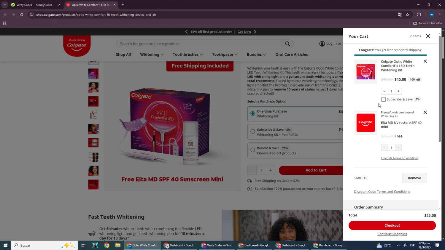 Colgate discount code screenshot showing code SMILE15 applied at Colgate checkout page. Uploaded by SimplyCodes community member SmartWizard8062 on Sep 19, 2025