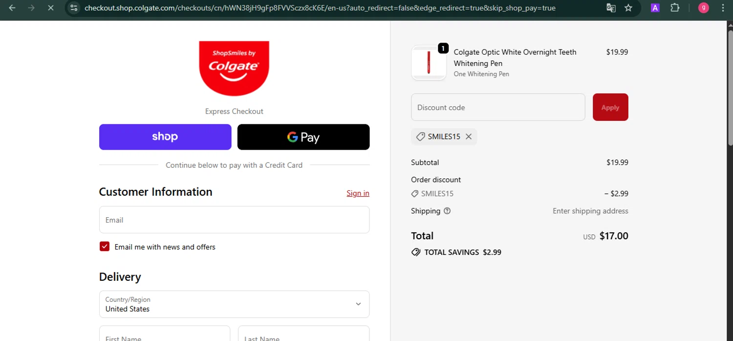 Colgate discount code screenshot showing code SMILES15 applied at Colgate checkout page. Uploaded by SimplyCodes community member MoneyFalcon481 on Sep 19, 2025