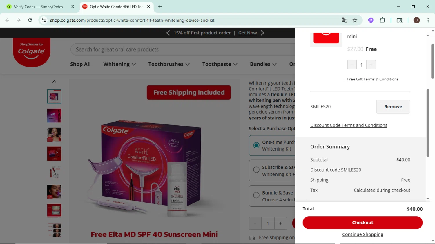 Colgate discount code screenshot showing code SMILES20 applied at Colgate checkout page. Uploaded by SimplyCodes community member LegendaryAce8627 on Sep 19, 2025