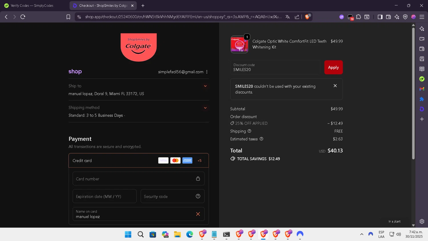 Colgate discount code screenshot showing code SMILES20 applied at Colgate checkout page. Uploaded by SimplyCodes community member NobleLegend6162 on Nov 30, 2025