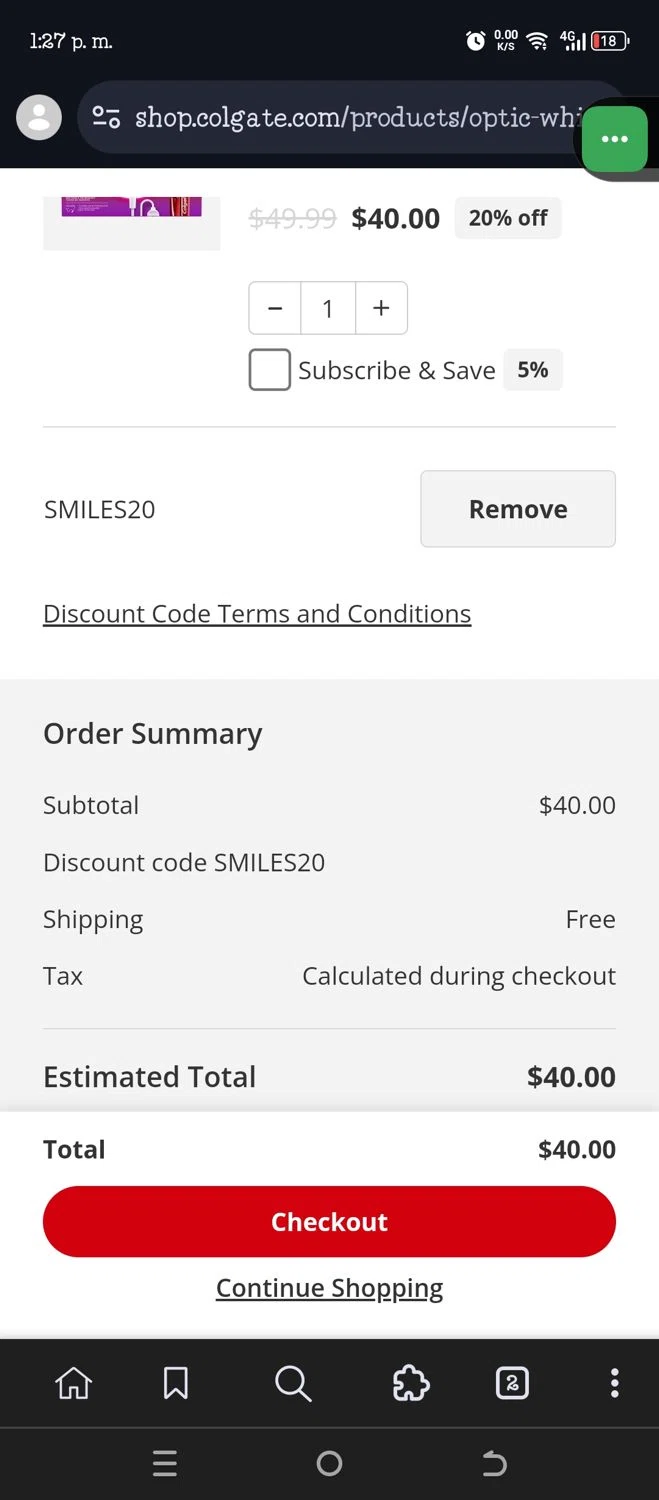 Colgate discount code screenshot showing code SMILES20 applied at Colgate checkout page. Uploaded by SimplyCodes community member VillaloboY on Nov 1, 2025