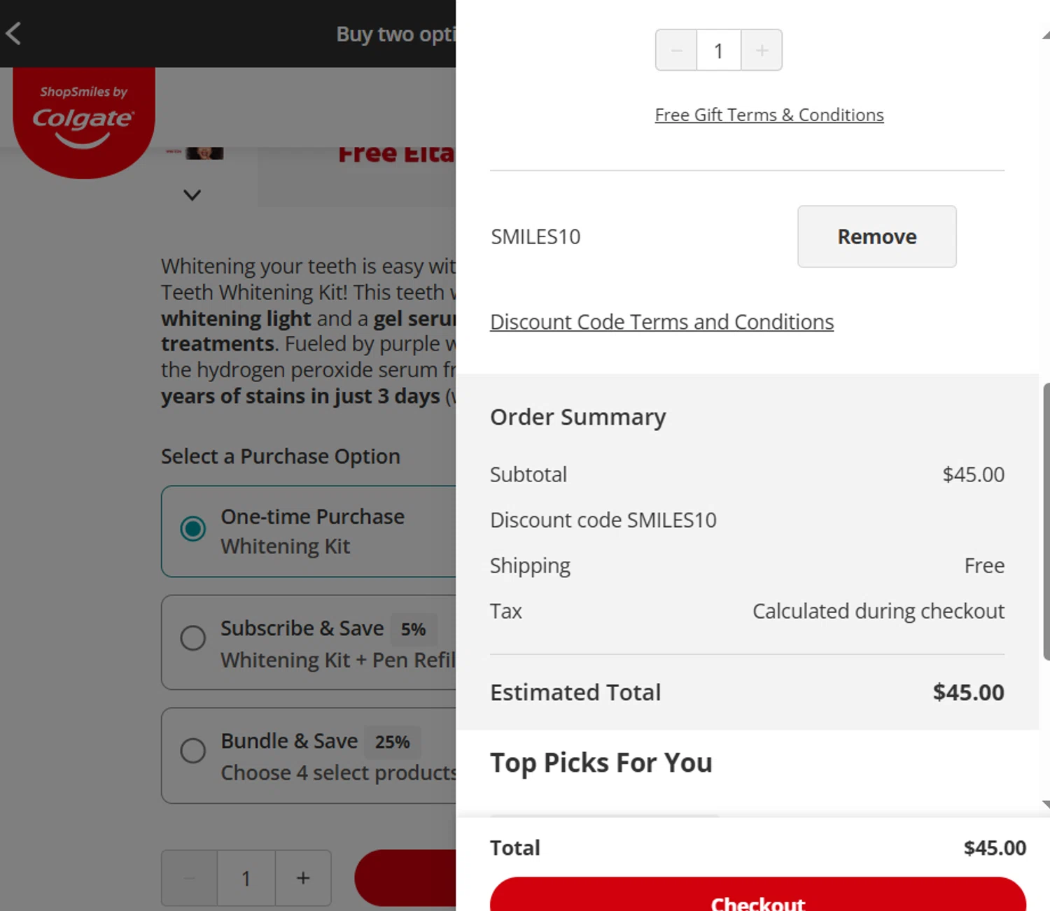 Colgate discount code screenshot showing code SMILES10 applied at Colgate checkout page. Uploaded by SimplyCodes community member TULA515 on Aug 27, 2025